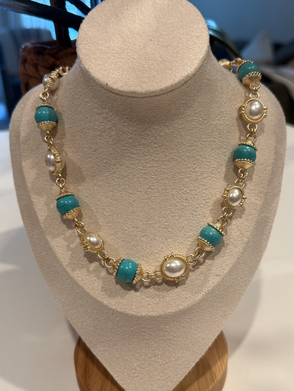 Gold-Tone Necklace with Turquoise Beads and Pearl Accents for pam ❤️